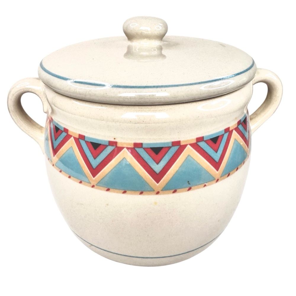VTG Sango Stoneware Zuni Cookie Jar Canister w/ Lid Southwestern 10/1988 #25247‎
